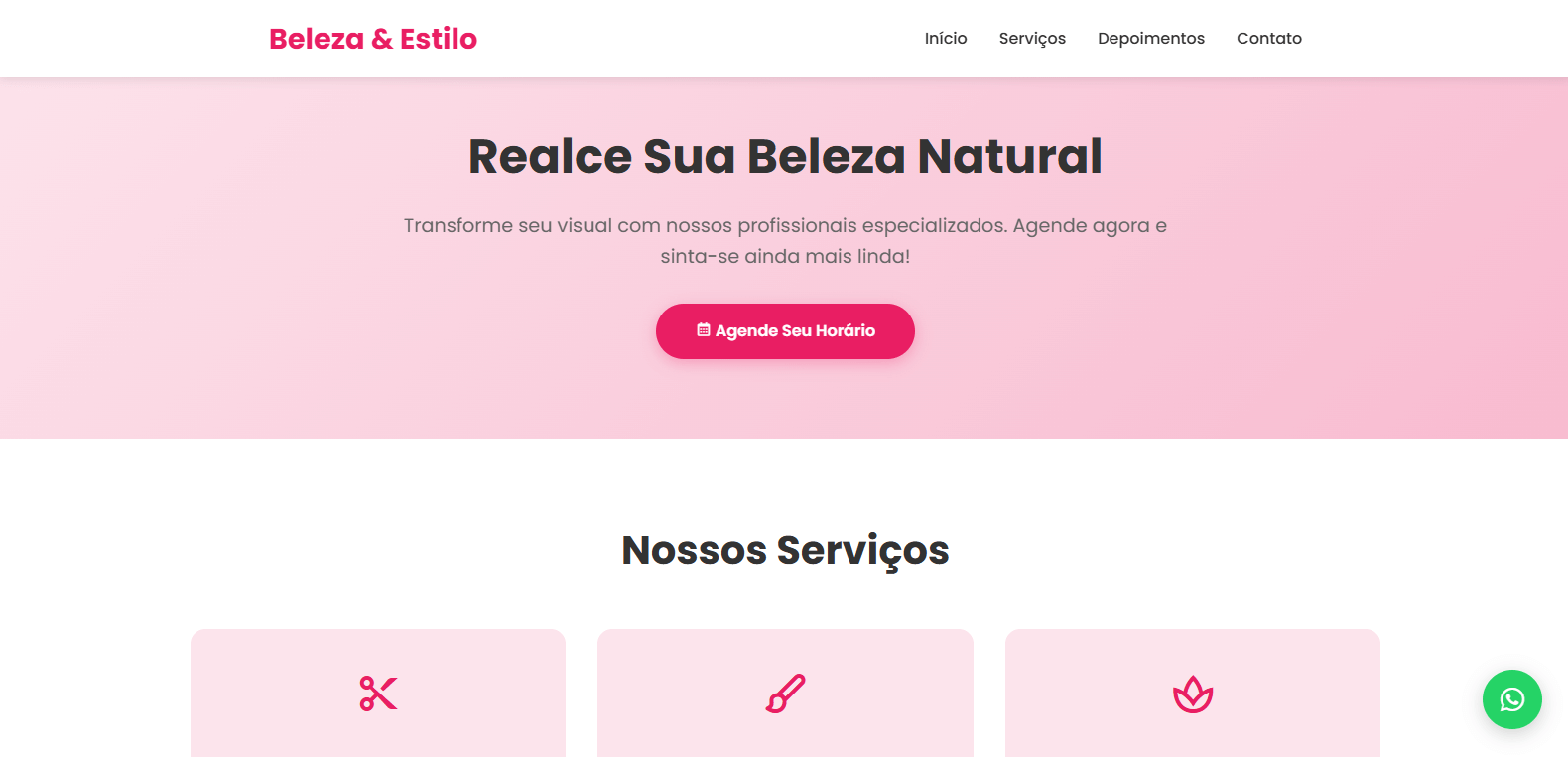 Landing page para salão de beleza com foco em agendamento via WhatsApp.